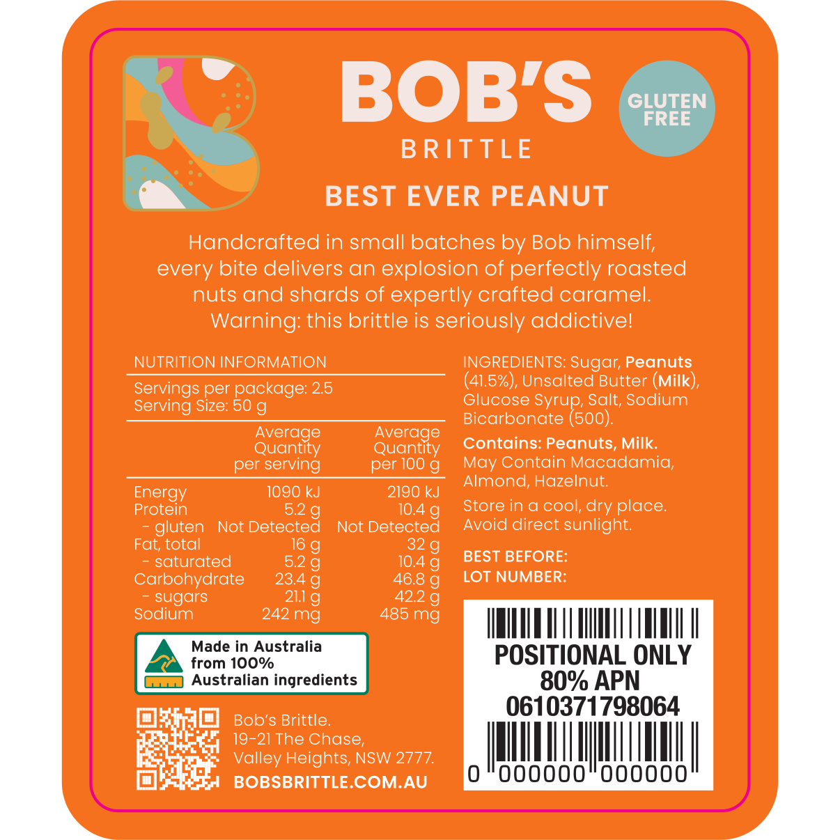 Bob's Brittle Best Ever Peanut Brittle ingredients 
and nutritional information — gluten free