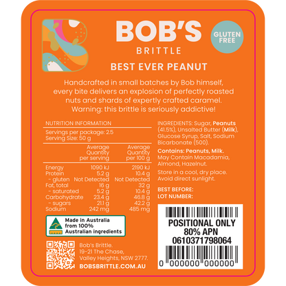 Bob's Brittle Best Ever Peanut Brittle ingredients 
and nutritional information — gluten free