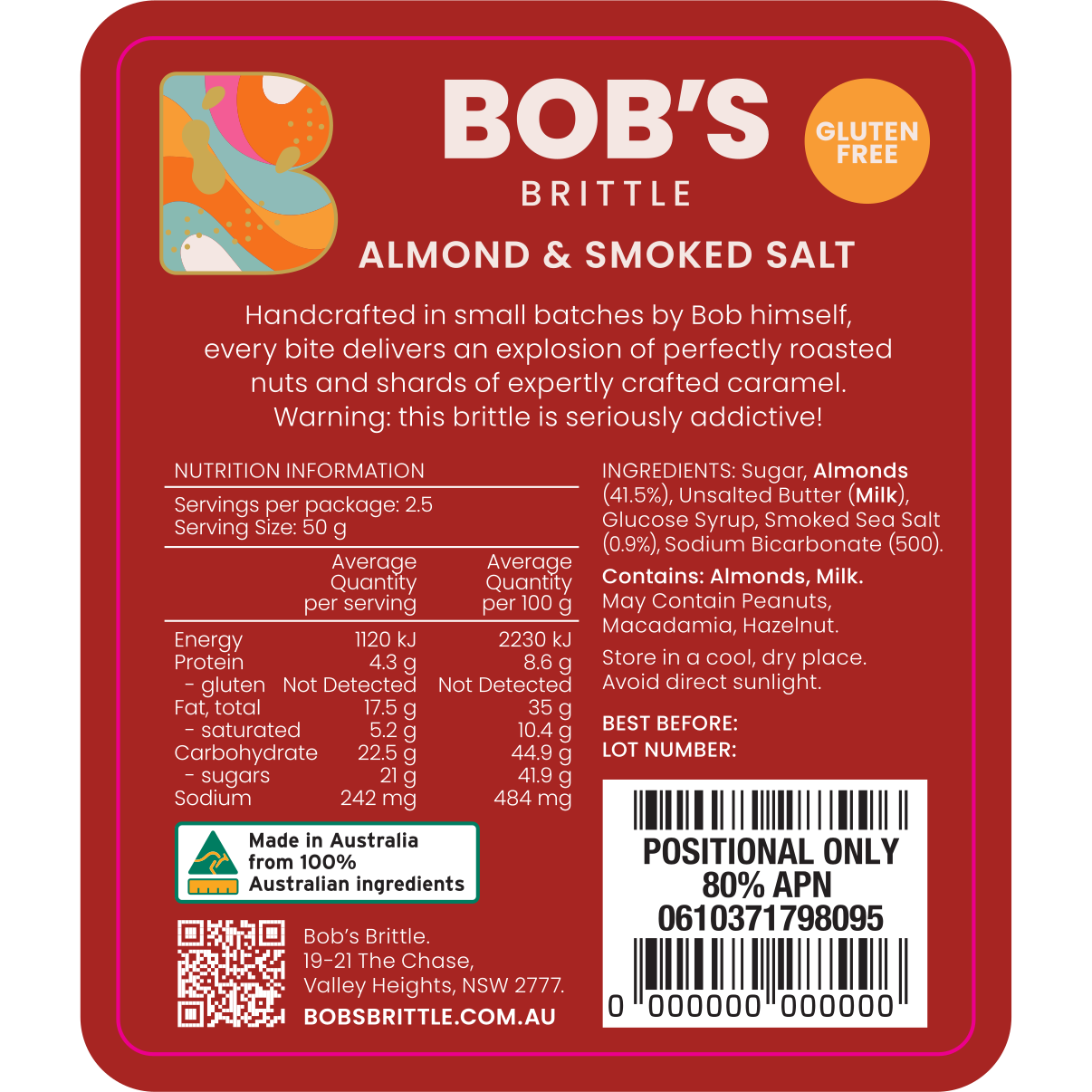 Bob's Brittle Almond Smoked Sea Salt Brittle ingredients and nutritional information gluten free