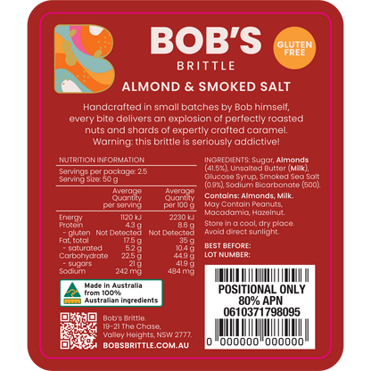 Bob's Brittle Almond Smoked Sea Salt Brittle ingredients and nutritional information gluten free
