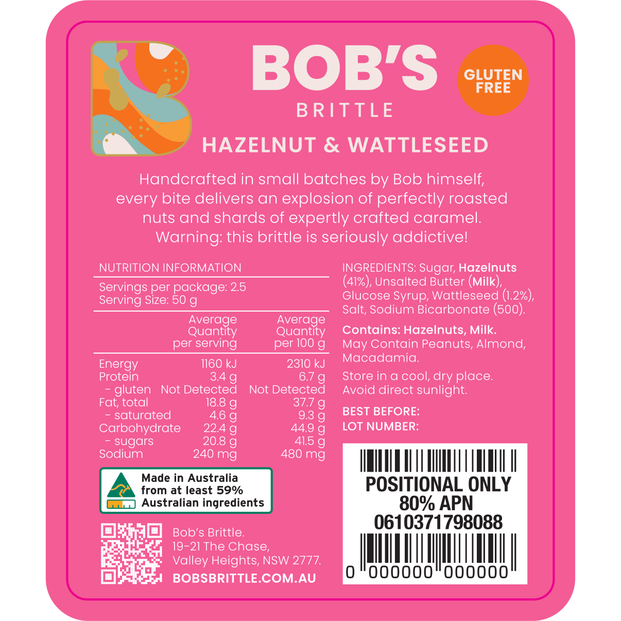 Bob's Brittle Hazelnut Wattleseed Brittle ingredients and nutritional information gluten free