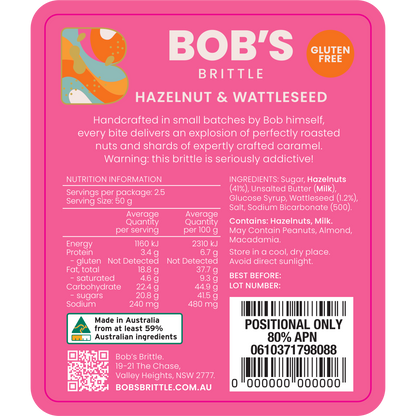 Bob's Brittle Hazelnut Wattleseed Brittle ingredients and nutritional information gluten free