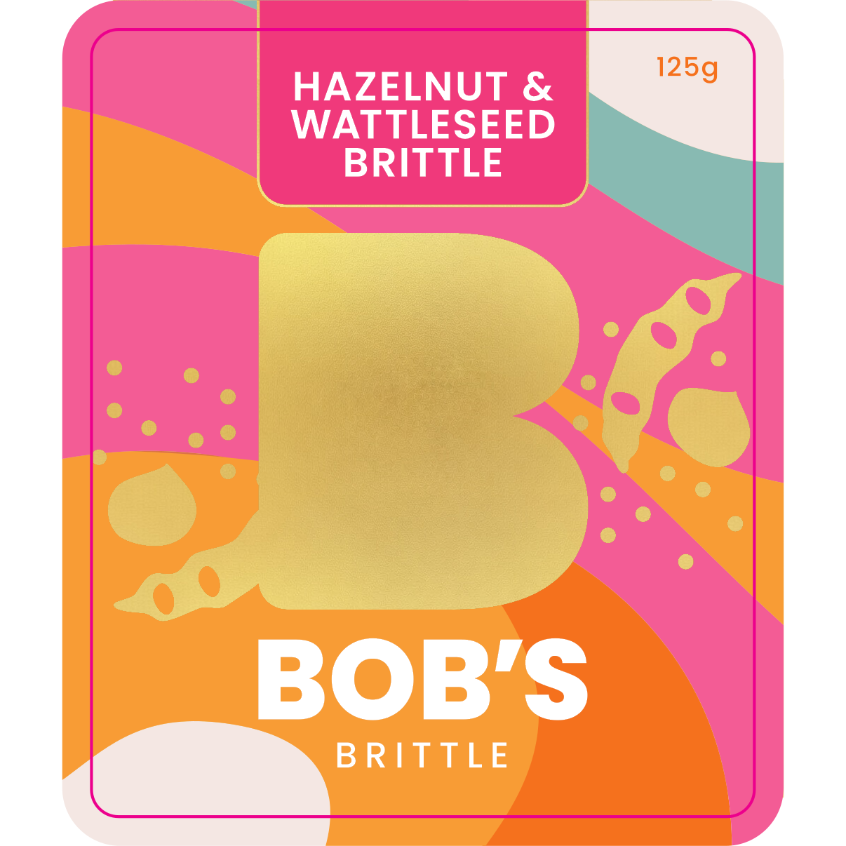 Bob's Brittle Hazelnut Wattleseed Brittle front label 125g Australian made