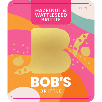 Bob's Brittle Hazelnut Wattleseed Brittle front label 125g Australian made