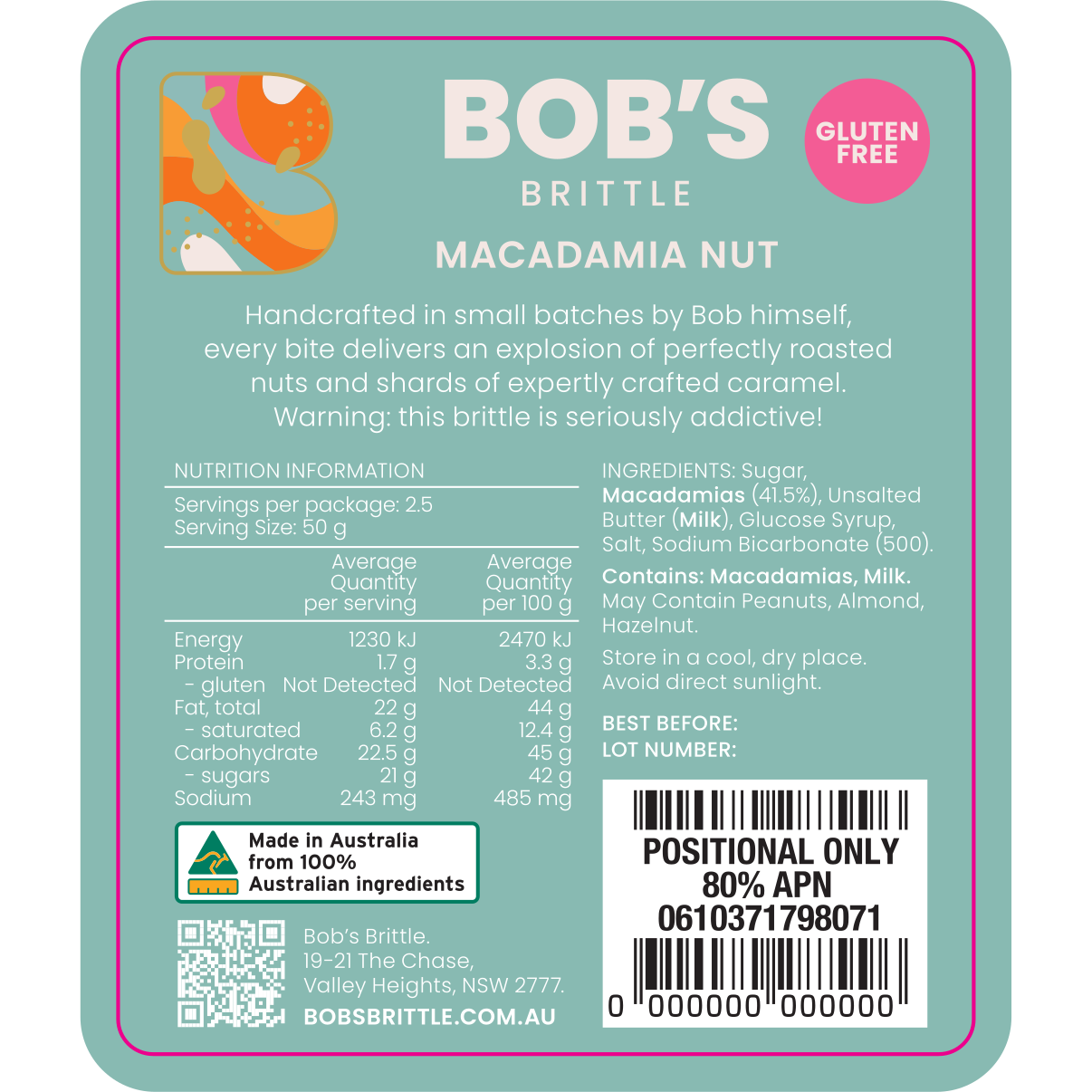 Bob's Brittle Macadamia Nut Brittle ingredients and nutritional information gluten free