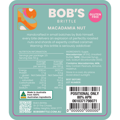 Bob's Brittle Macadamia Nut Brittle ingredients and nutritional information gluten free