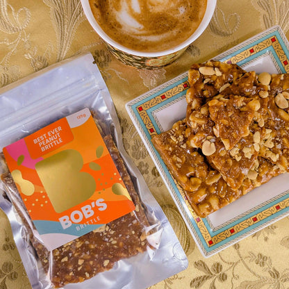 Bob's Brittle Best Ever Peanut Brittle served with coffee 
— handmade artisan peanut brittle Blue Mountains Australia