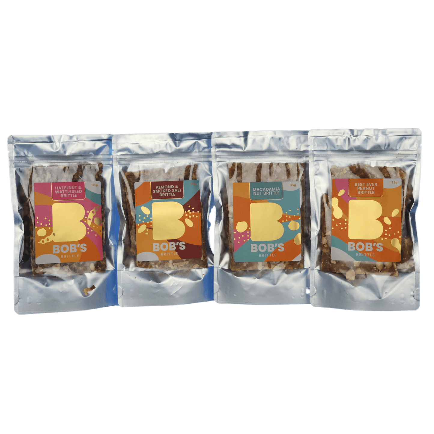 Bob's Brittle Sampler Pack four 125g packs peanut macadamia almond and smoked sea salt hazelnut and wattleseed