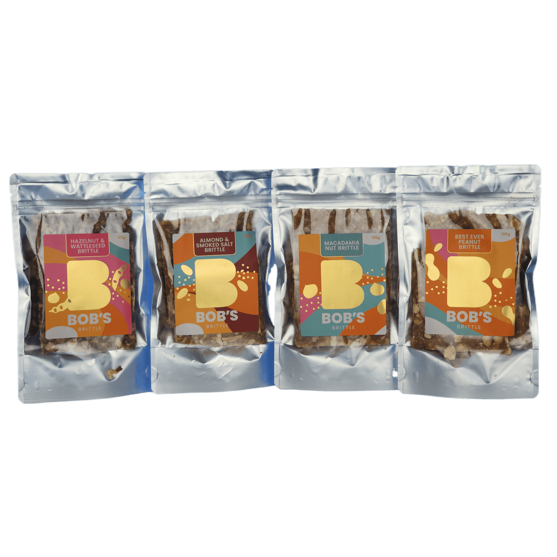 Bob's Brittle Sampler Pack four 125g packs peanut macadamia almond and smoked sea salt hazelnut and wattleseed