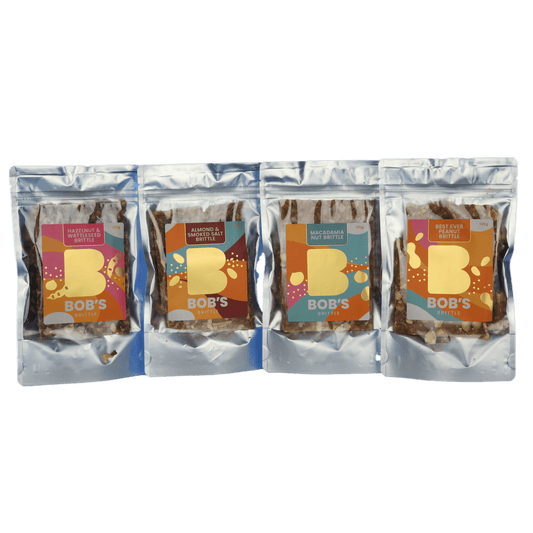 Bob's Brittle Sampler Pack four 125g packs peanut macadamia almond and smoked sea salt hazelnut and wattleseed