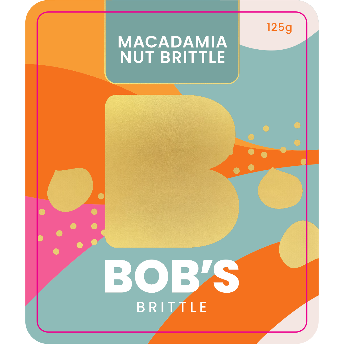 Bob's Brittle Macadamia Nut Brittle front label 125g Australian made