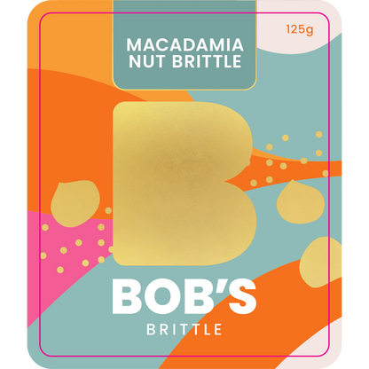 Bob's Brittle Macadamia Nut Brittle front label 125g Australian made